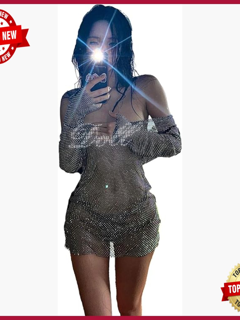 Women's Rhinestone Sheer Mesh Long Sleeve Dress Party Club V Back Bodycon
